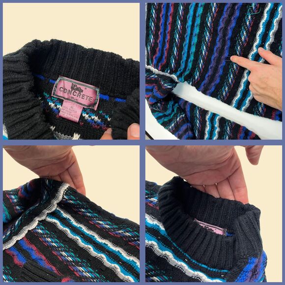 Vintage XL 90s abstract sweater w/ wavy stripes by Concrete, blue/teal pullover - Picture 4 of 8